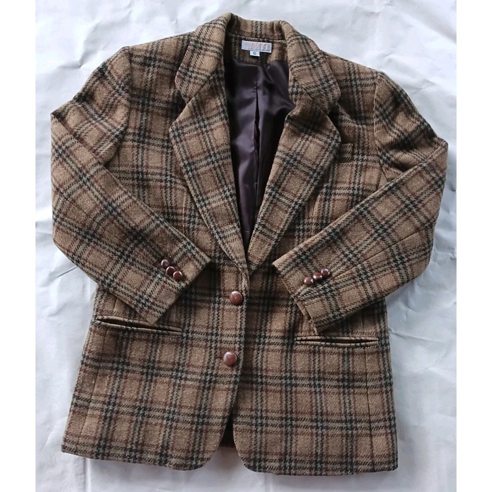 Vintage 80's Brooks Brothers Women's Brown Houndstooth Tweed Blazer Made USA 10